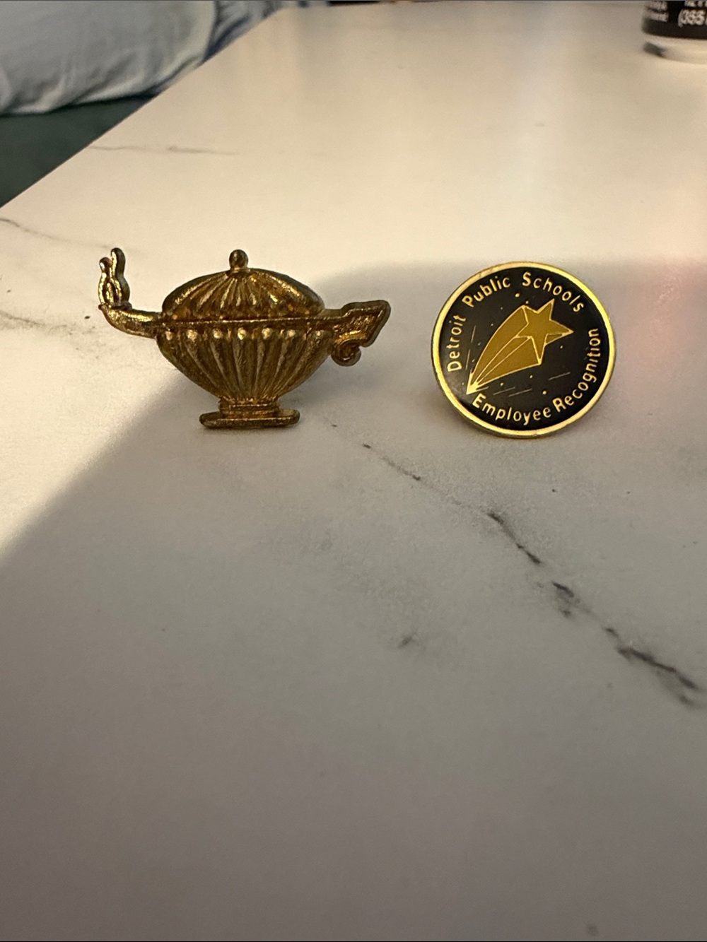 Gold Tone Lamp and Detroit School lapel pins
